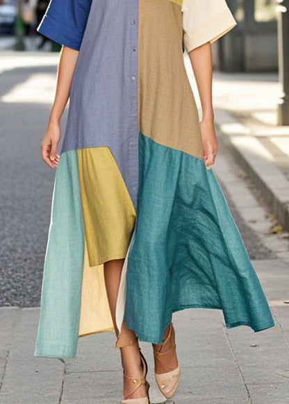 Organic Colorblock Asymmetrical Patchwork Cotton Maxi Dresses Summer