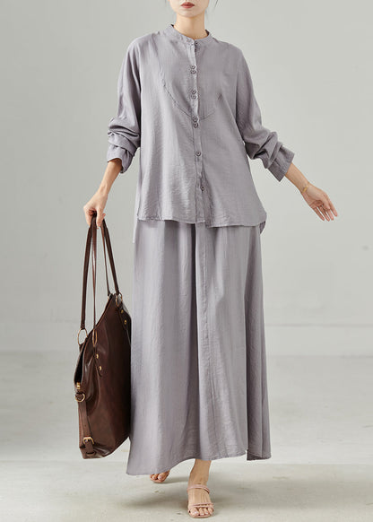 Grey Stand Collar Cotton Tops and Skirts Two Pieces Set Fall