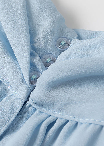 Sky Blue Button Wrinkled Chiffon Mini Dress Batwing Sleeve