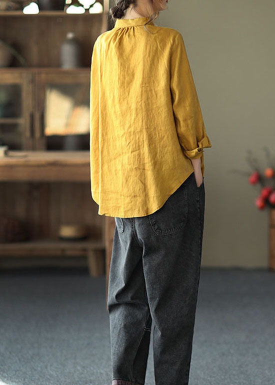 Yellow Peter Pan Collar Patchwork Linen Shirts Top Long Sleeve