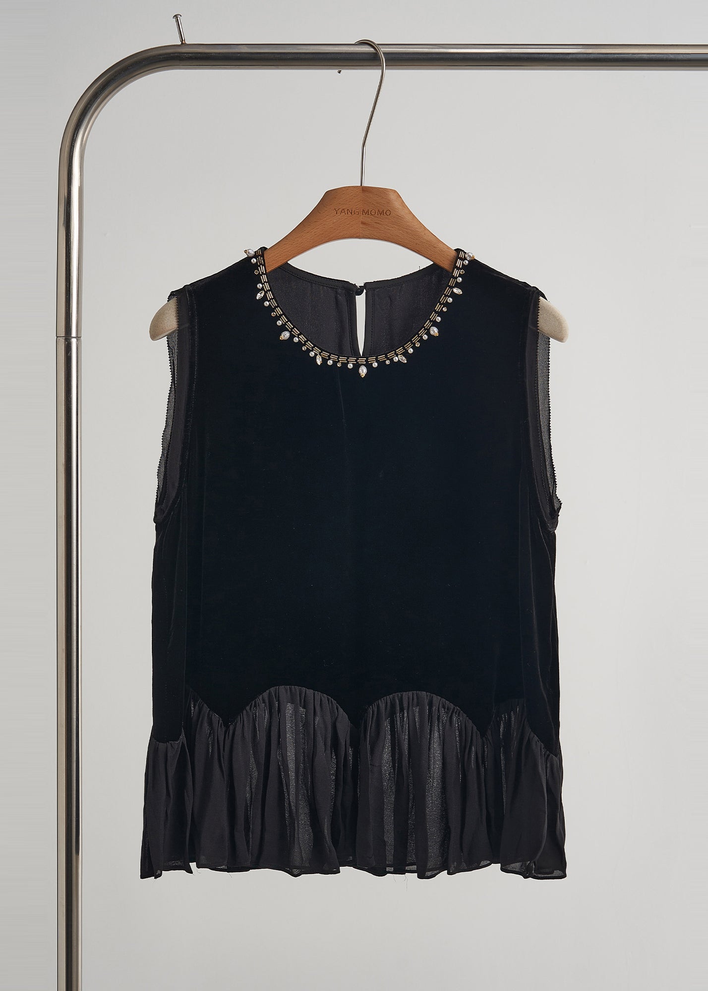 Black Nail Bead Patchwork Silk Velour Vests Fall