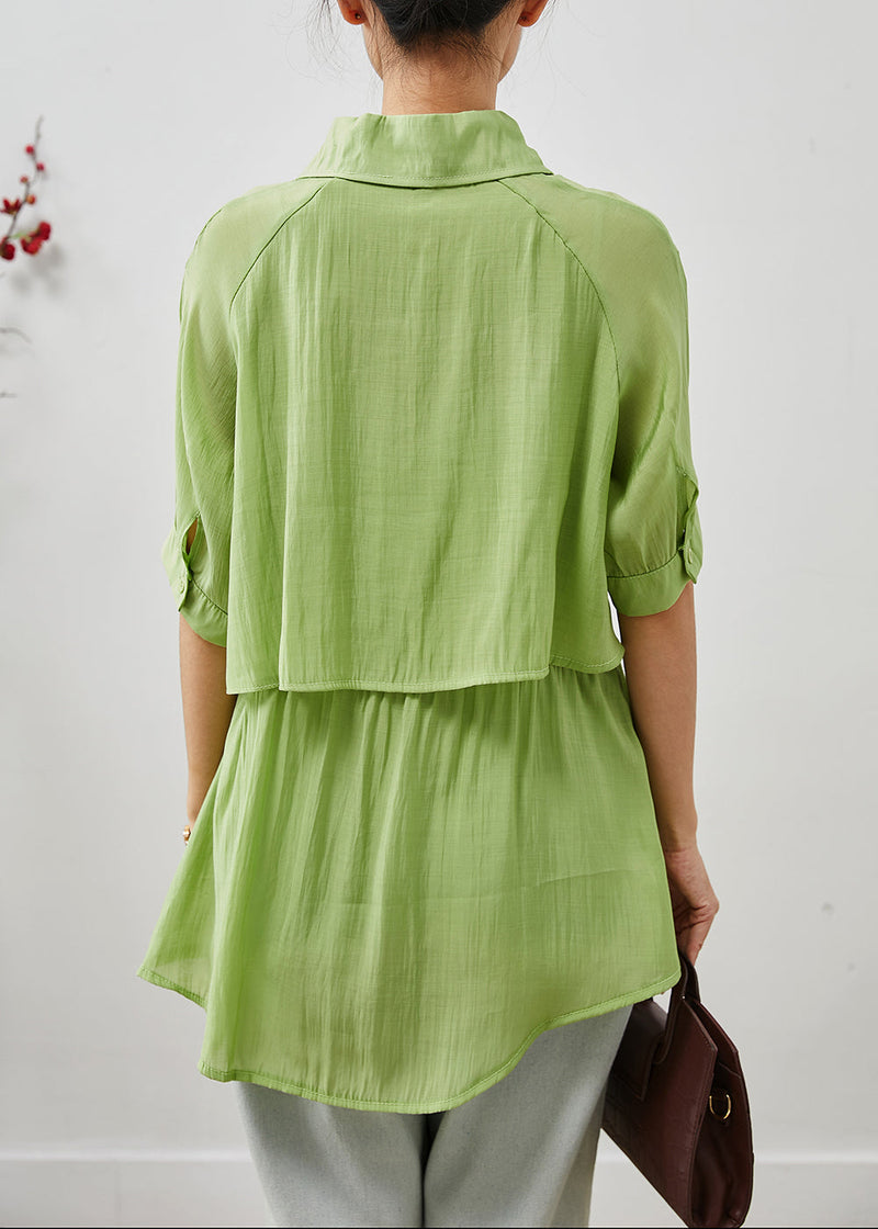 Green Cinched Silm Fit Cotton Blouse Top Summer