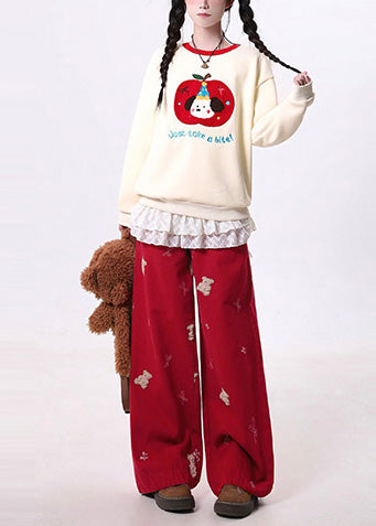 Red Embroidered Patchwork Denim Pants Spring