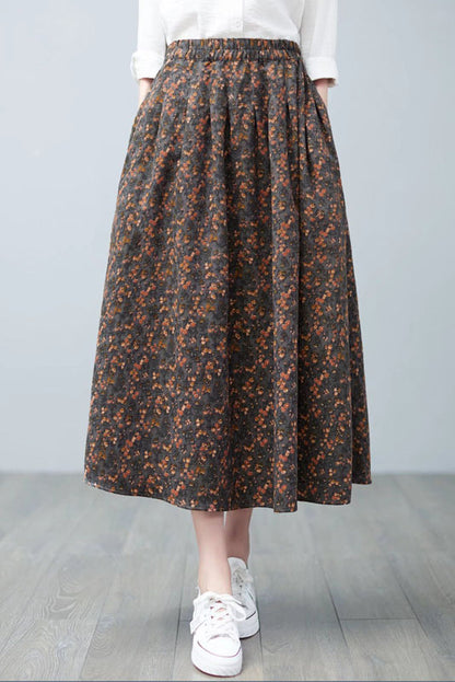 Spring Cotton Linen Print Skirt High Waist A-line Skirt