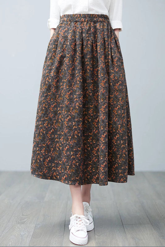 Spring Cotton Linen Print Skirt High Waist A-line Skirt