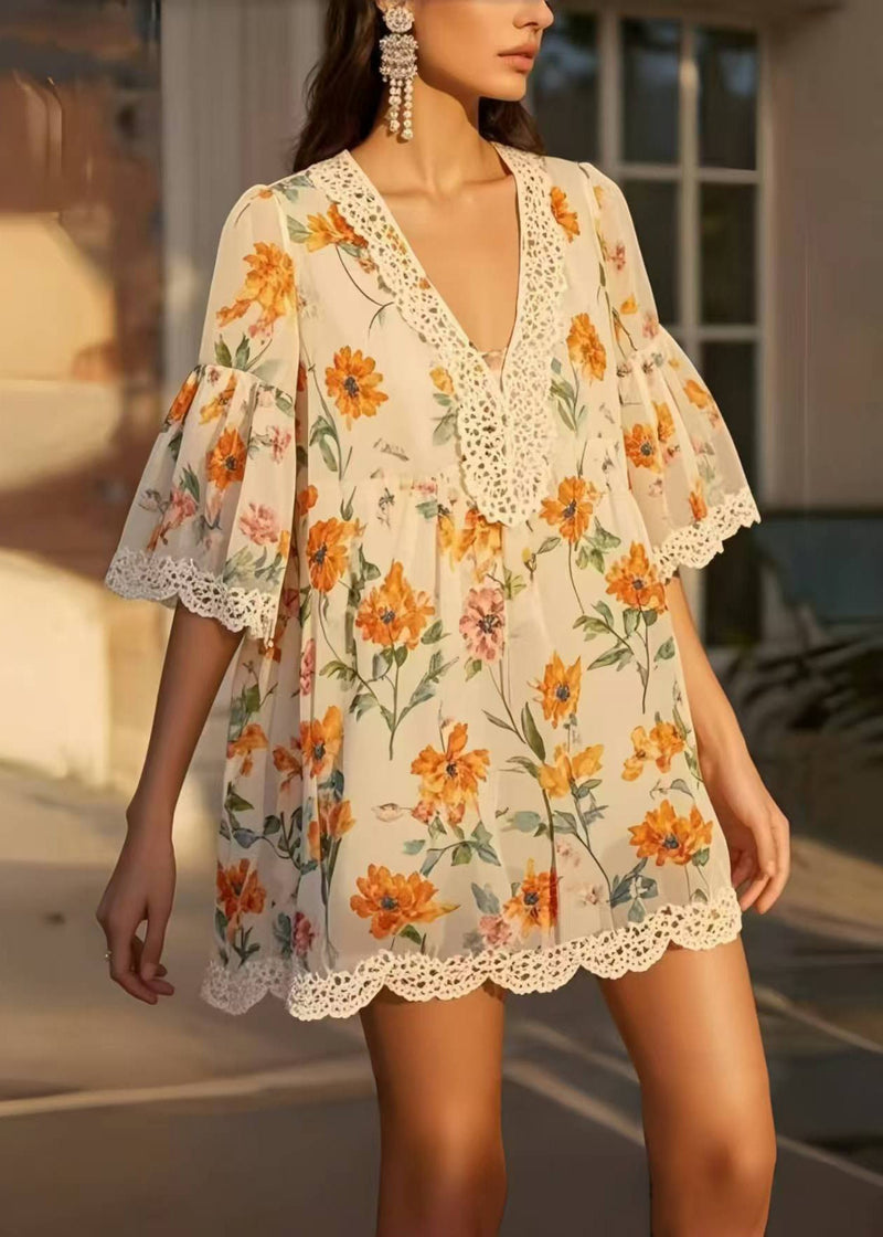 Beige Print Patchwork Lace Chiffon Day Dress Summer