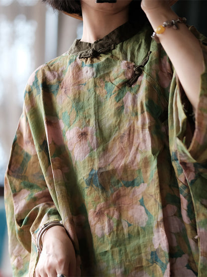 Autumn Flower Stand Collar Ramie Blouse