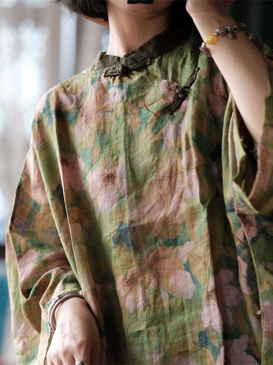Autumn Flower Stand Collar Ramie Blouse