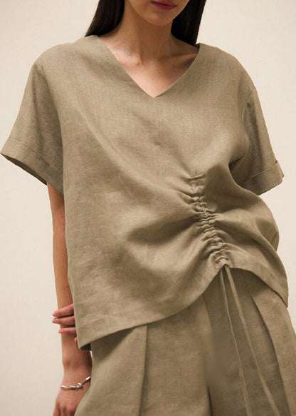 Loose Brown V Neck Drawstring Linen T Shirts Summer