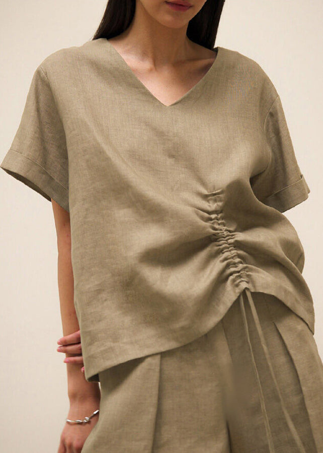 Loose Brown V Neck Drawstring Linen T Shirts Summer