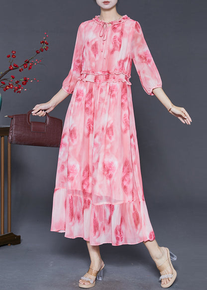 Pink Ruffled Print Chiffon Vacation Dress Summer