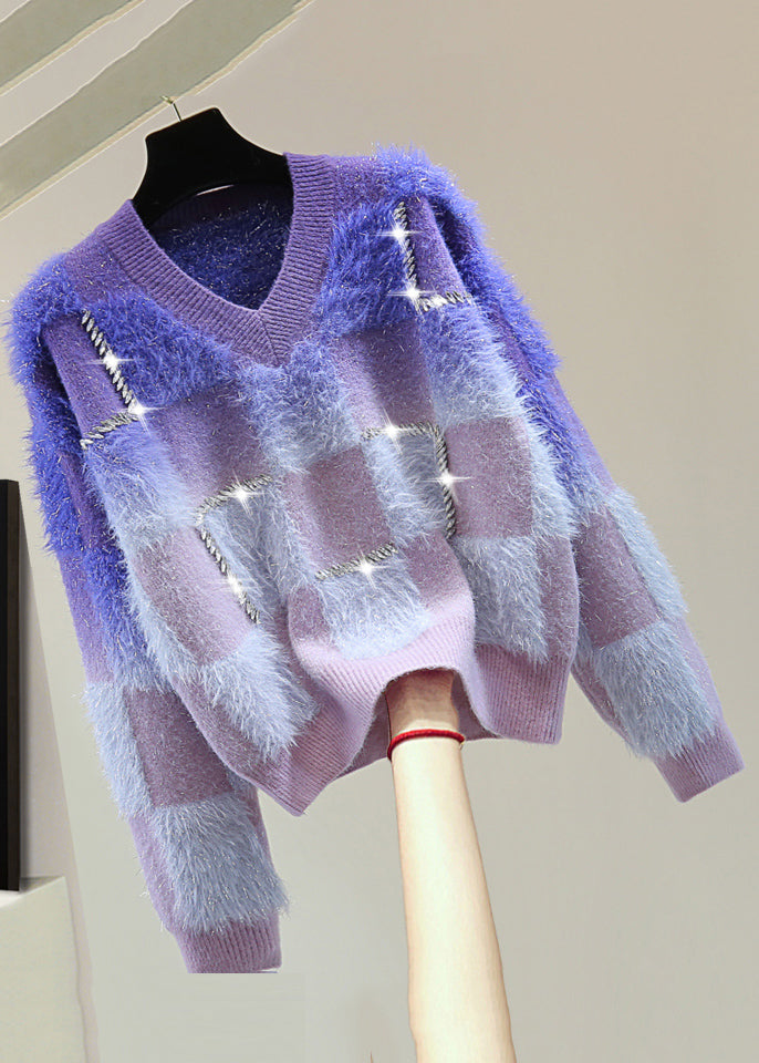 Gradient Color Blue O-neck Zircon Ma Hai Mao Cotton Knit Sweater Tops Winter