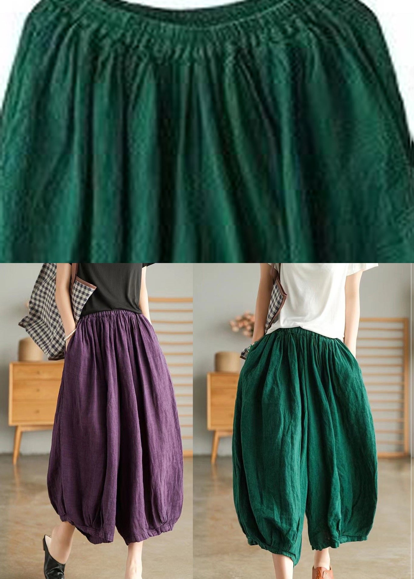 Green Pockets Linen Crop Pants Summer