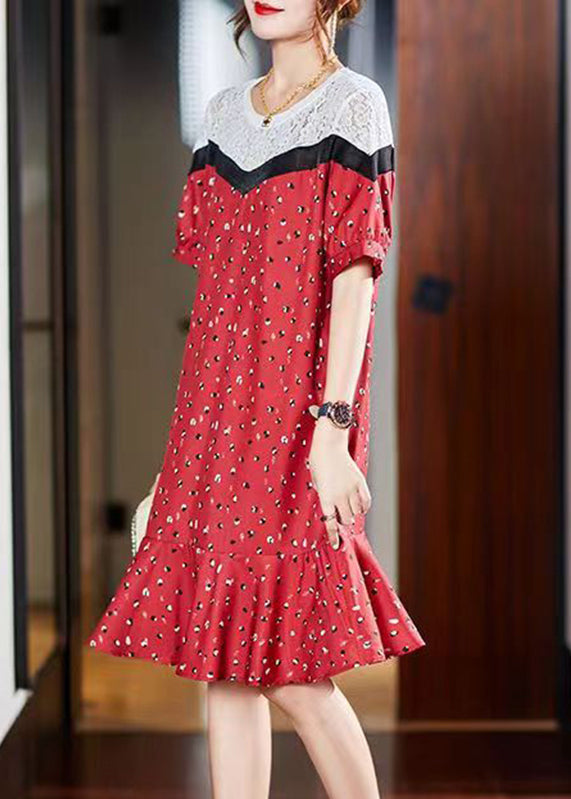 Stylish Red O-neck Lace Patchwork Long Dress Short Sleeve