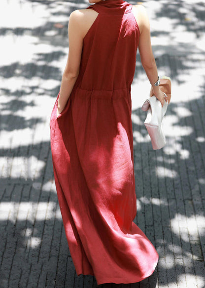 Red Lace Up Cotton Long Dress V Neck Summer