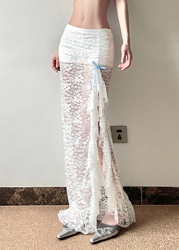 White Side Open Hollow Out Lace Wraped Skirts Spring