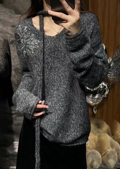 Grey V Neck Sequins Cotton Knit Sweater Fall