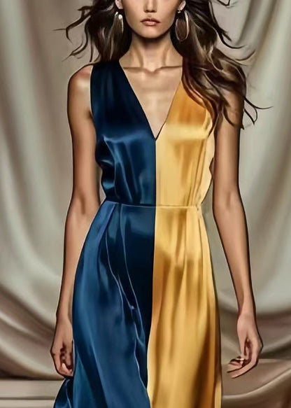 Colorblock Asymmetrical Patchwork Draping Silk Long Dress Summer