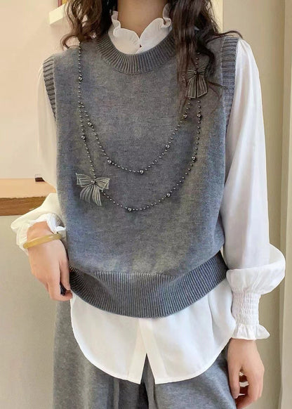 Grey Butterfly Nail Bead Knit Vest Summer