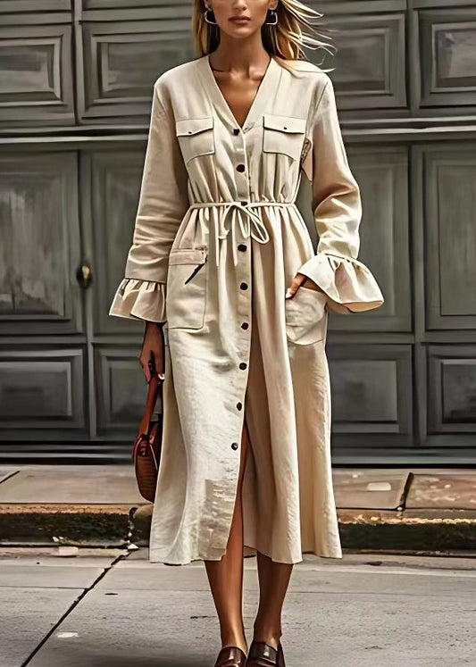 Beige V Neck Drawstring Pockets Cotton Dresses Long Sleeve