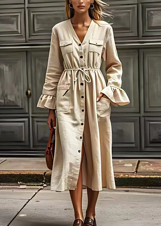 Beige V Neck Drawstring Pockets Cotton Dresses Long Sleeve