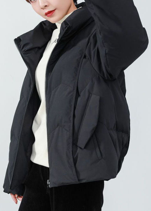 French Black Stand Collar Oversized Duck Down Winter Coats Long Sleeve