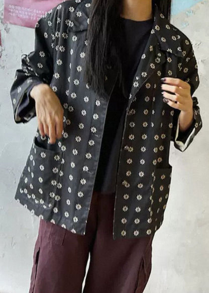 Black Print Pockets Cotton Coat Outwear Fall