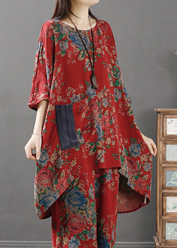 Red O-neck Print Low High Design Pockets Linen Tops Long Sleeve