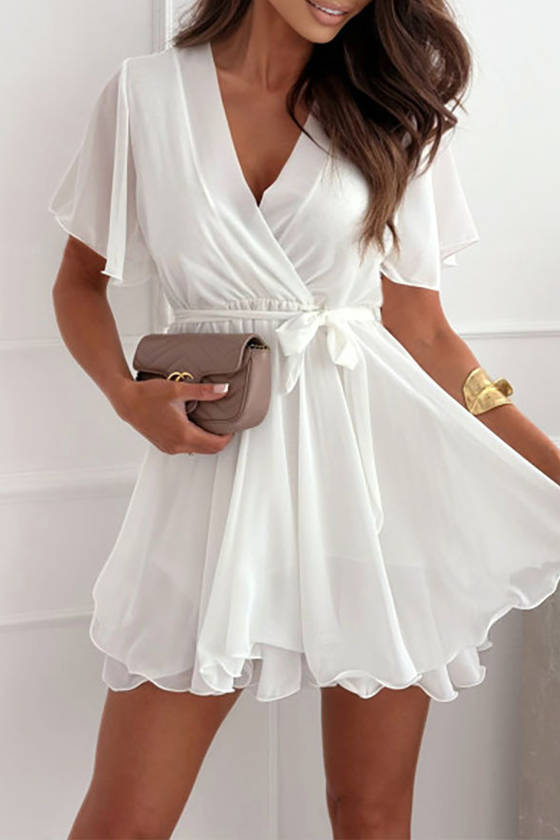 Color Lace Up Ruffle V Neck a Line Dresses(3 Colors)