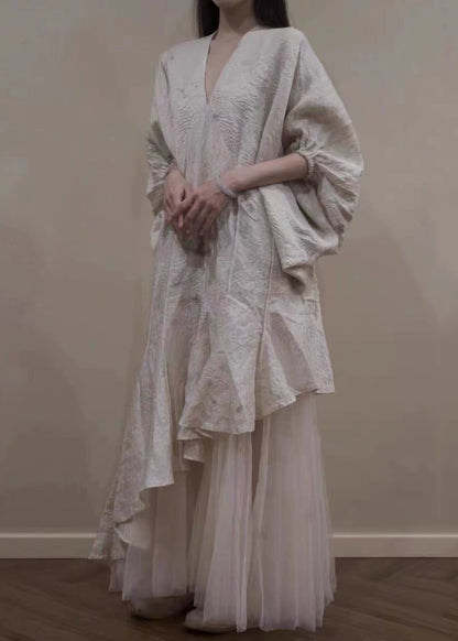 Beige Asymmetrical Tulle Patchwork Maxi Dress Lantern Sleeve
