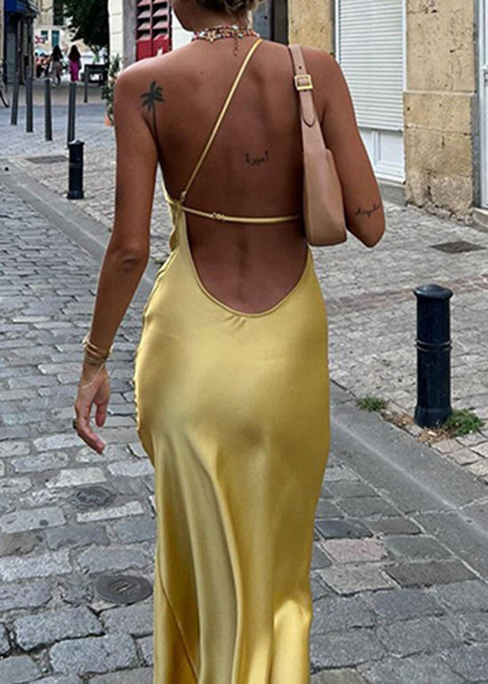 European and American Style Yellow Backless Side Open Silk Dress Sleeveless