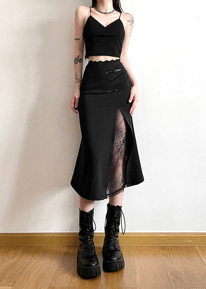 New Chinese Style Black Lace Patchwork Slit Skirt Summer