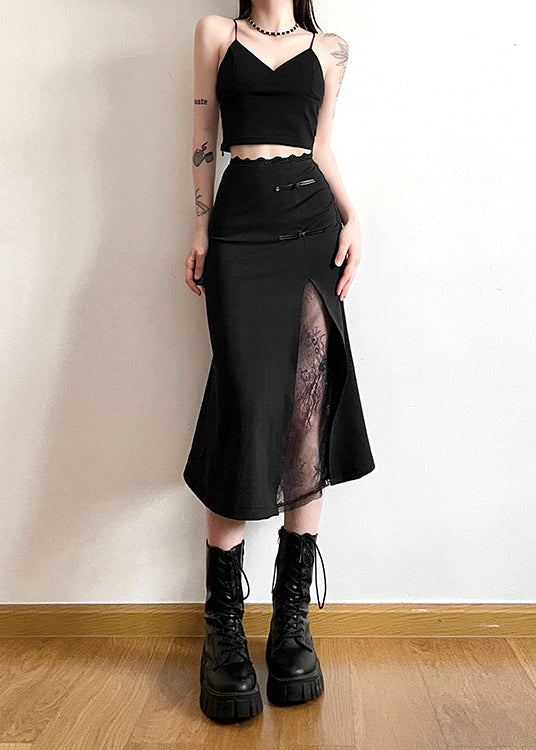 New Chinese Style Black Lace Patchwork Slit Skirt Summer