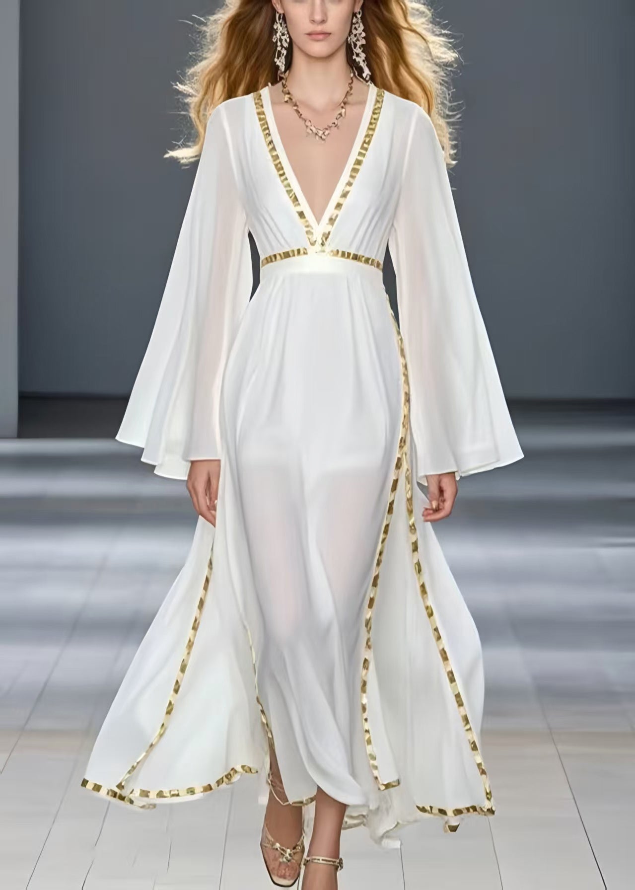 Unique White Patchwork Draping Chiffon Maxi Dresses Spring