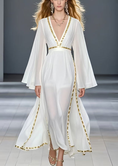 Unique White Patchwork Draping Chiffon Maxi Dresses Spring