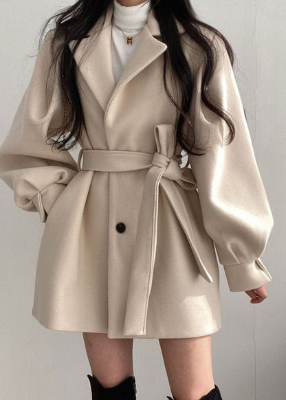 Style Black Peter Pan Collar Tie Waist Woolen Coat Lantern Sleeve