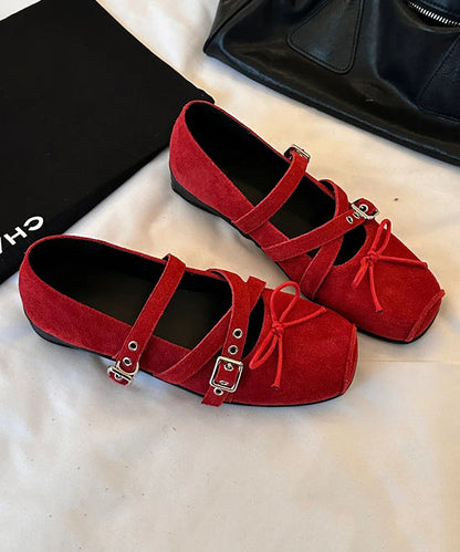 Comfy Cross Strap Bow Splicing Wedge Heel Shoes Red Suede