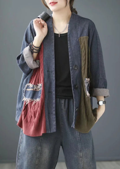 Blue V Neck Knit Patchwork Denim Coats Long Sleeve