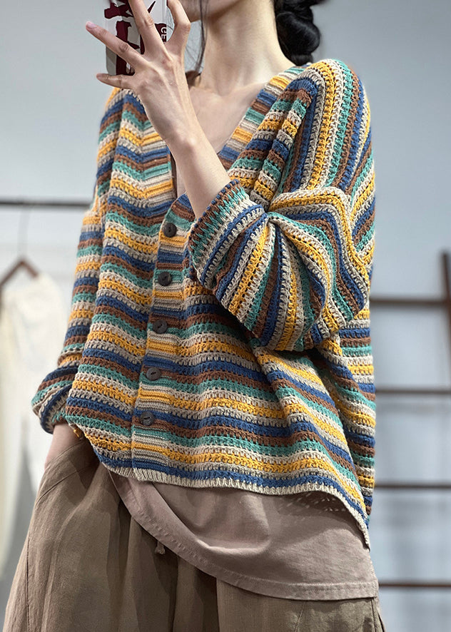 Blue V Neck Button Cotton Knit Coat Fall