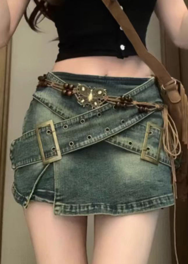 Denim Blue Asymmetrical High Waist Skirts Summer