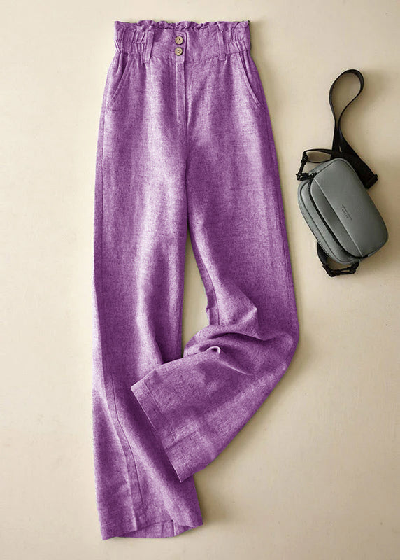 Grey High Waist Button Linen Straigh Pants Summer
