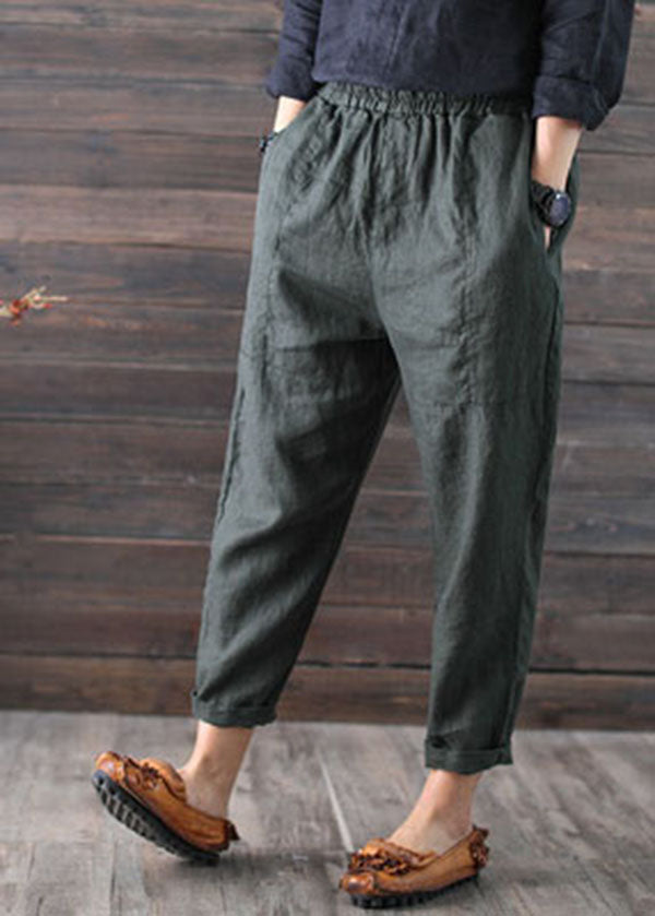 Handmade Army Green Elastic Waist Linen Harem Pants Summer