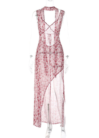 New Print Backless Side Open Spaghetti Strap Dress Dress