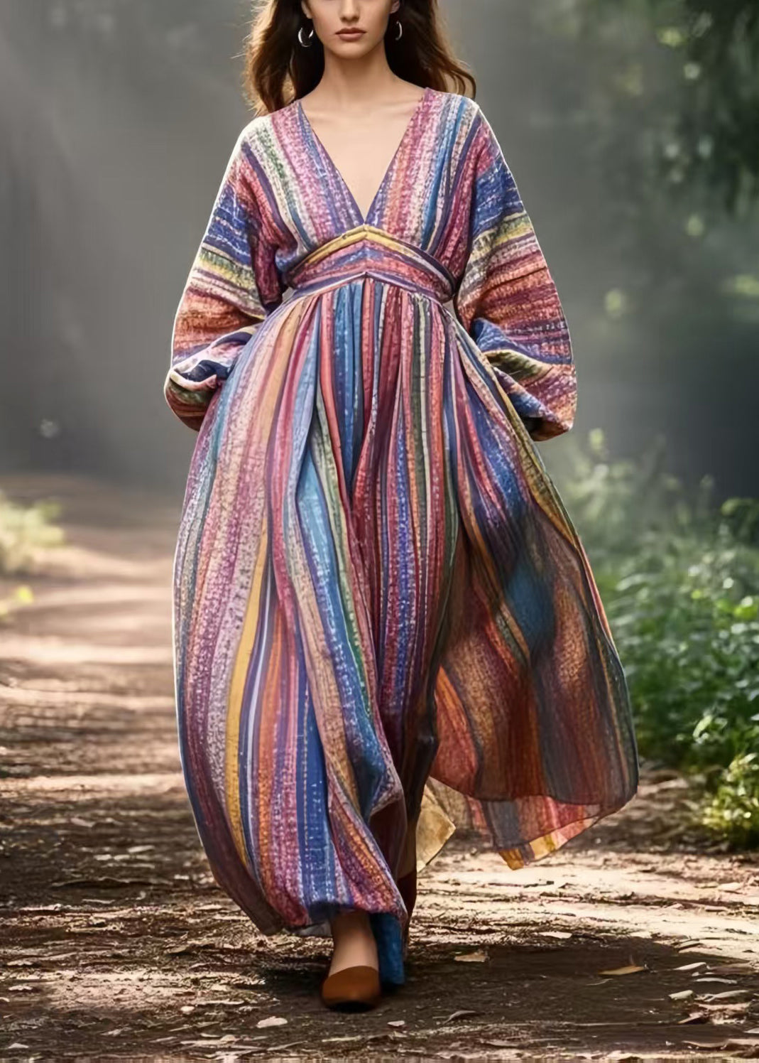 Colorblock V Neck Striped Cotton Vacation Dresses Spring