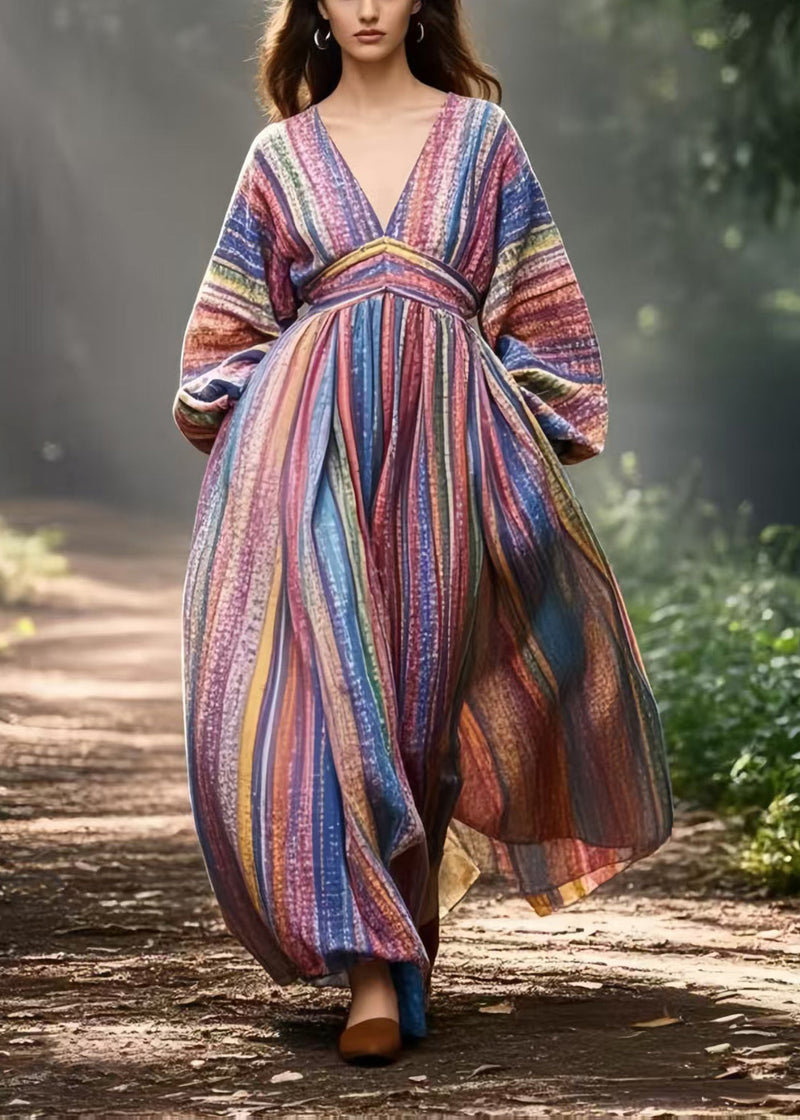 Colorblock V Neck Striped Cotton Vacation Dresses Spring