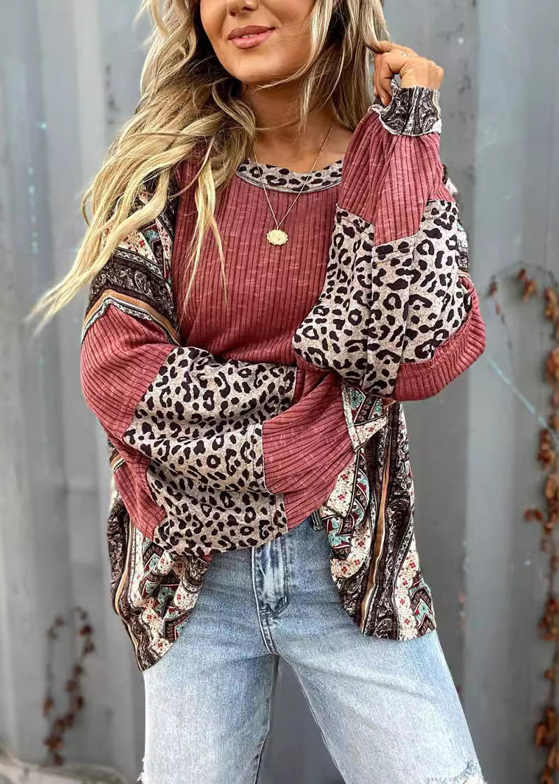Loose Brick Red O Neck Leopard Patchwork Cotton Top Fall