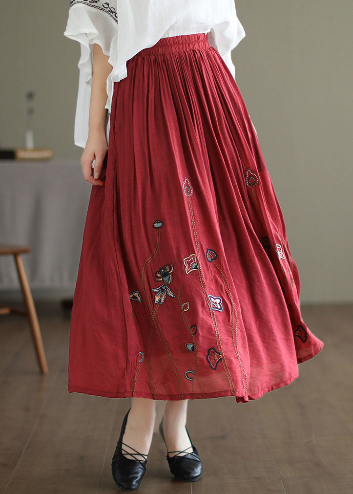 Red Linen Silk a Line Skirts Embroidered Exra Large Hem Spring