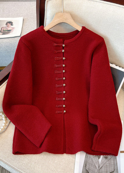 White O-neck Chinese Button Knit Cardigans Winter