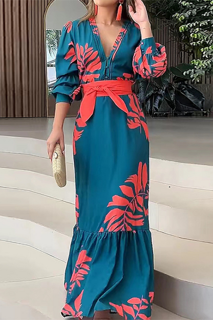 Print Lace Up Ruffle V Neck Printed Dresses