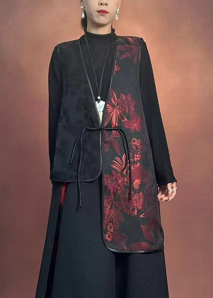 Black V Neck Asymmetrical Embroidered Waistcoat Winter